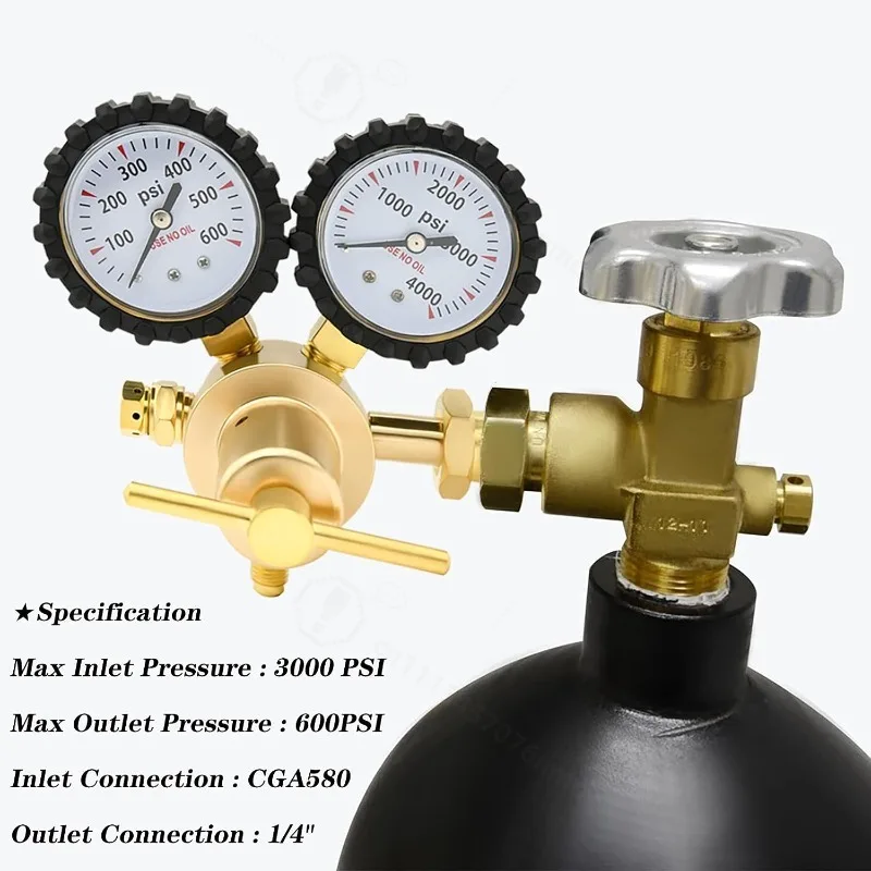 Nitrogen Regulator With 60 Inch Hose CGA580 Inlet & 1/4 Inch Male Flare Thread Outlet For Gas Control Industrial Use