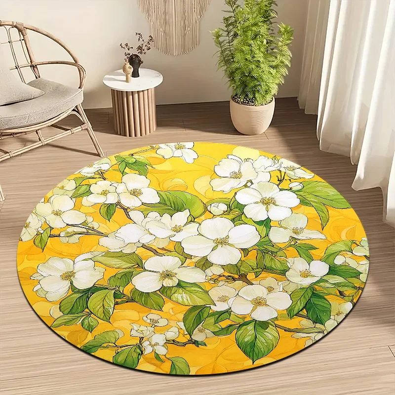 

White & Mustard Yellow Retro Round Mat – Soft Non-Slip Washable Rug with Cherry Blossom-Inspired Floral Design