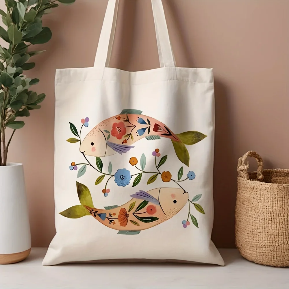 1pc, Floral Fish Canvas Tote Bag Reusable Grocery Bags (35.05cm x 40.13cm), Stylish Shoulder Bag for Daily Shopping, Grocery Tot