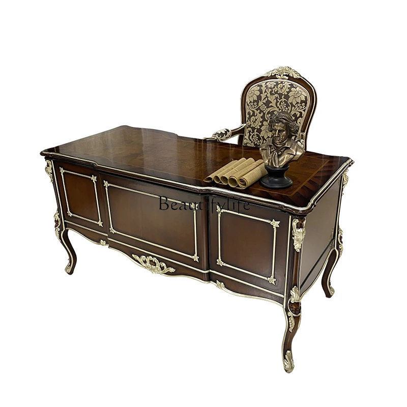 French desk and chair combination, European luxury with drawers solid wood carving flower desk