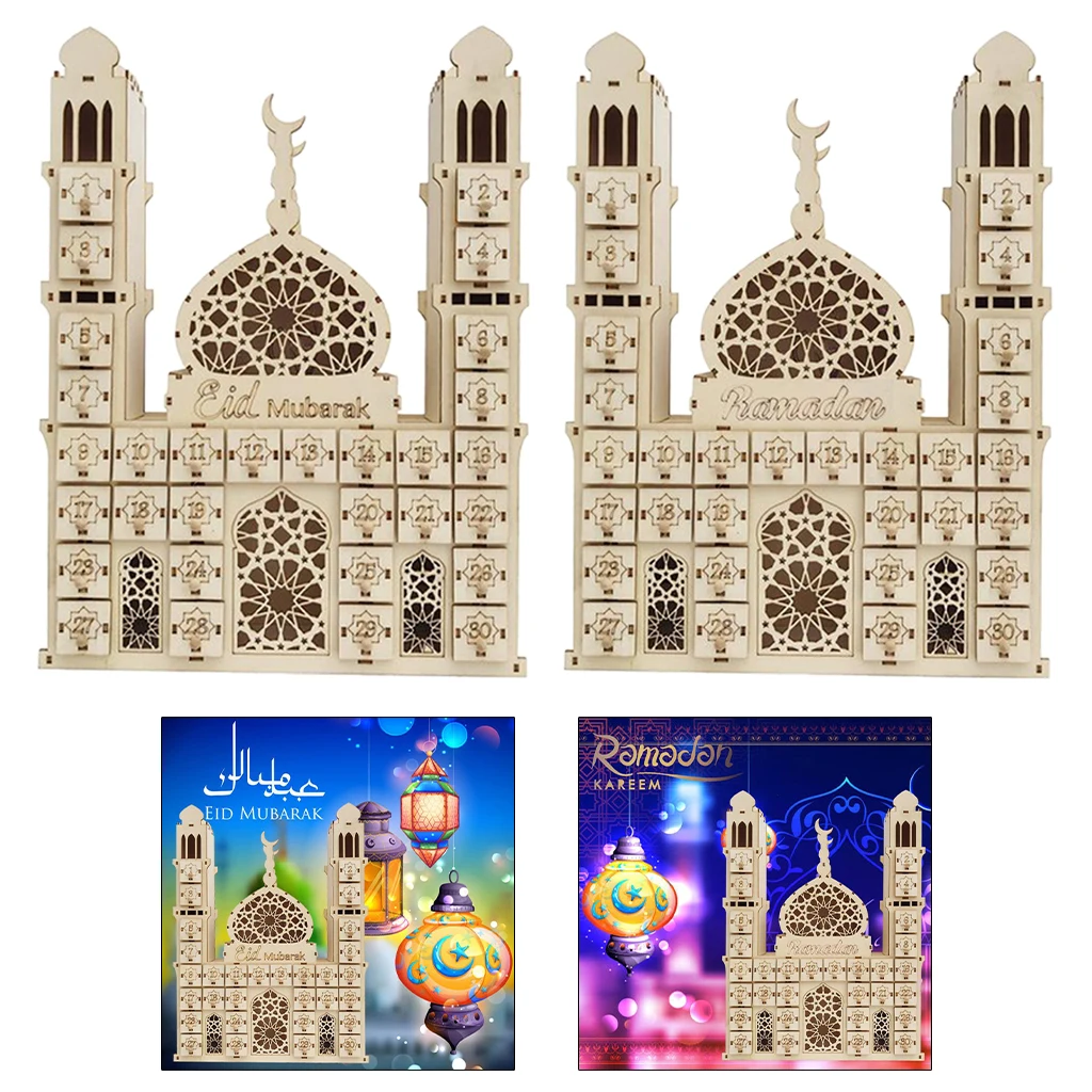 

DIY деревянный Ид Мубарак мусульманский календарь палаца Рамадана со световым орнаментом