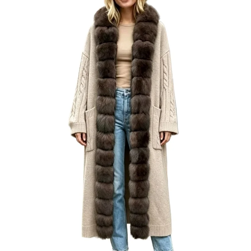 New Luxury Winter Real Natural Fox Fur Collar Woolen Blends Knit Long Overcoats Women Loose Warmth Cashmere Fur Jacket