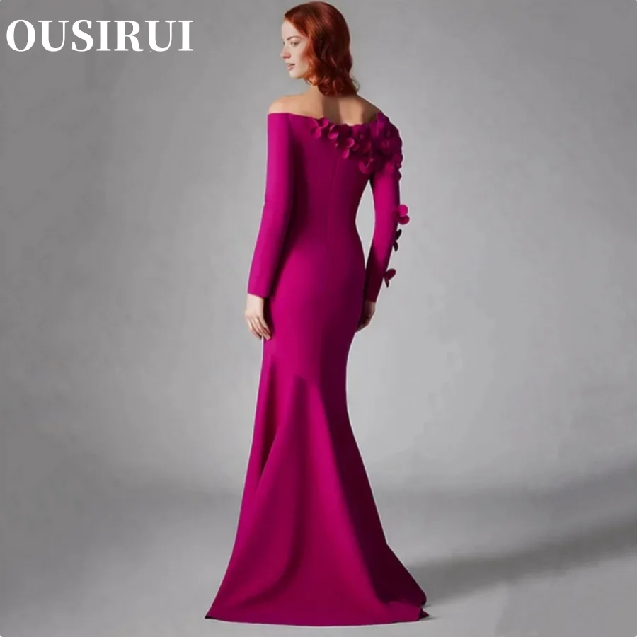 OUSIRUI V Neck Formal Occasion Event Dresses Fuchsia Mermaid Long Sleeve Evening Dress Luxury 3D Flowers abito da festa di nozze