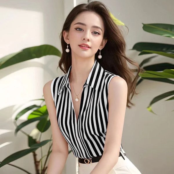 

Retro Hong Kong Style Chic Striped Vest Shirt Women's Design Sensation Small Audience Unique Exquisite Collar Sleeveless...