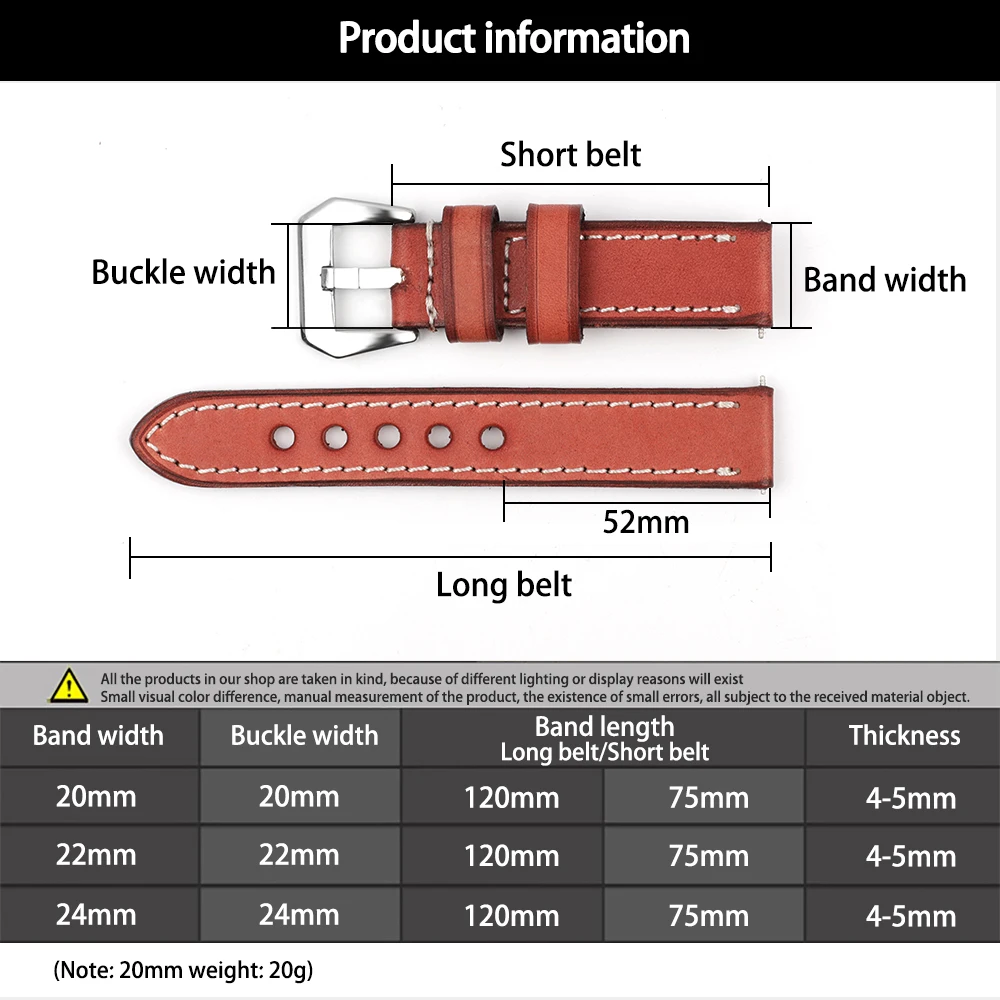 Watch Strap Cow Leather Retro Handmade Wristband 20mm 22mm 24mm Vintage Thick Watchband Watch Strap Belts Polished Buckle