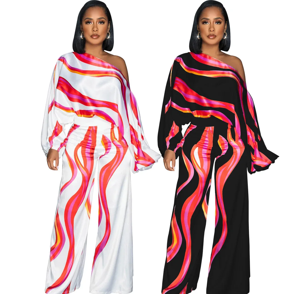 

Jumpsuits Women Biased Collar Print Long Sleeve Rompers Casual High Waist Wide Leg Pants Overalls Loose Elegant Office Lady