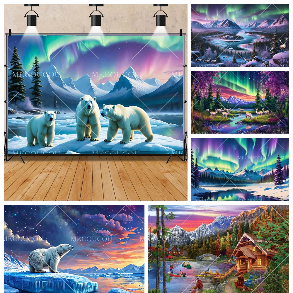 

Arctic Adventure Background Custom Green Aurora Polar Bear Iceberg Photography Backdrop Adult Birthday Decor Poster Photo Props