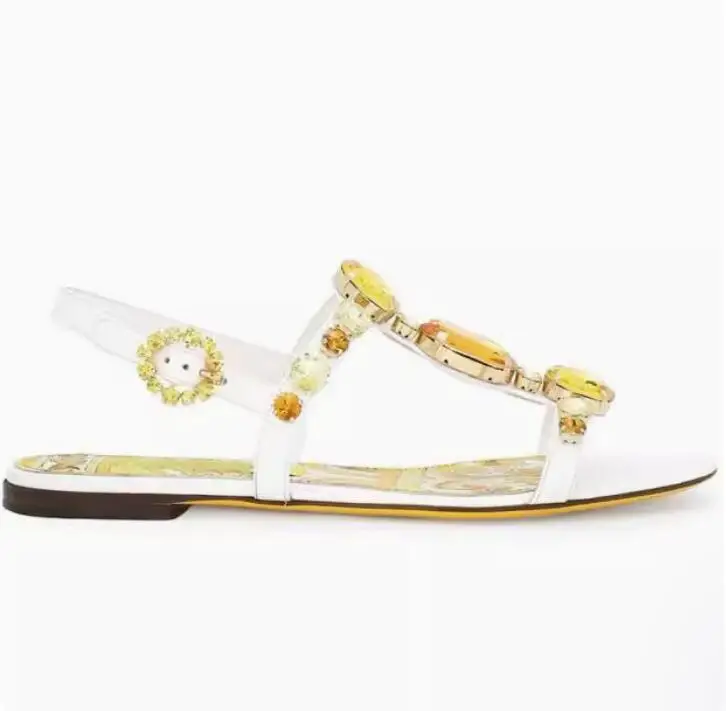 Yellow Diamond Rhinestone T- Strap Porcelain Flower Printing flat Sandals Floral Crystal Buckle Peep Toe Bohemia Sandalias