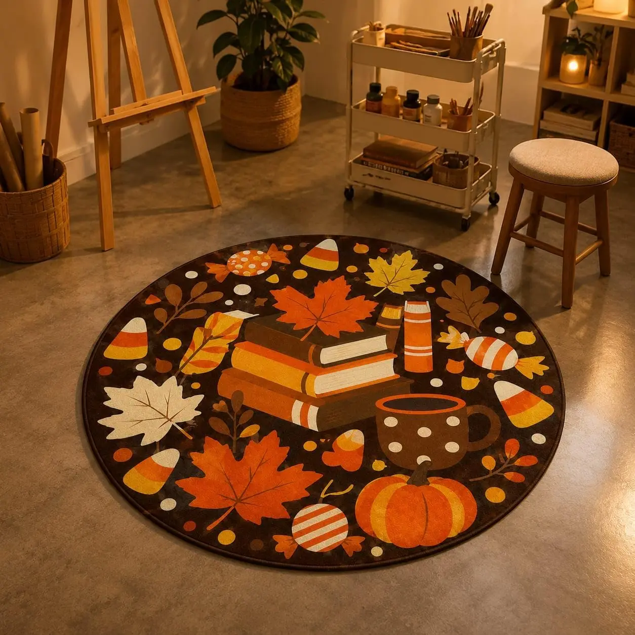 Cozy Halloween Books Round Rug for Hallway Vintage Halloween Decor