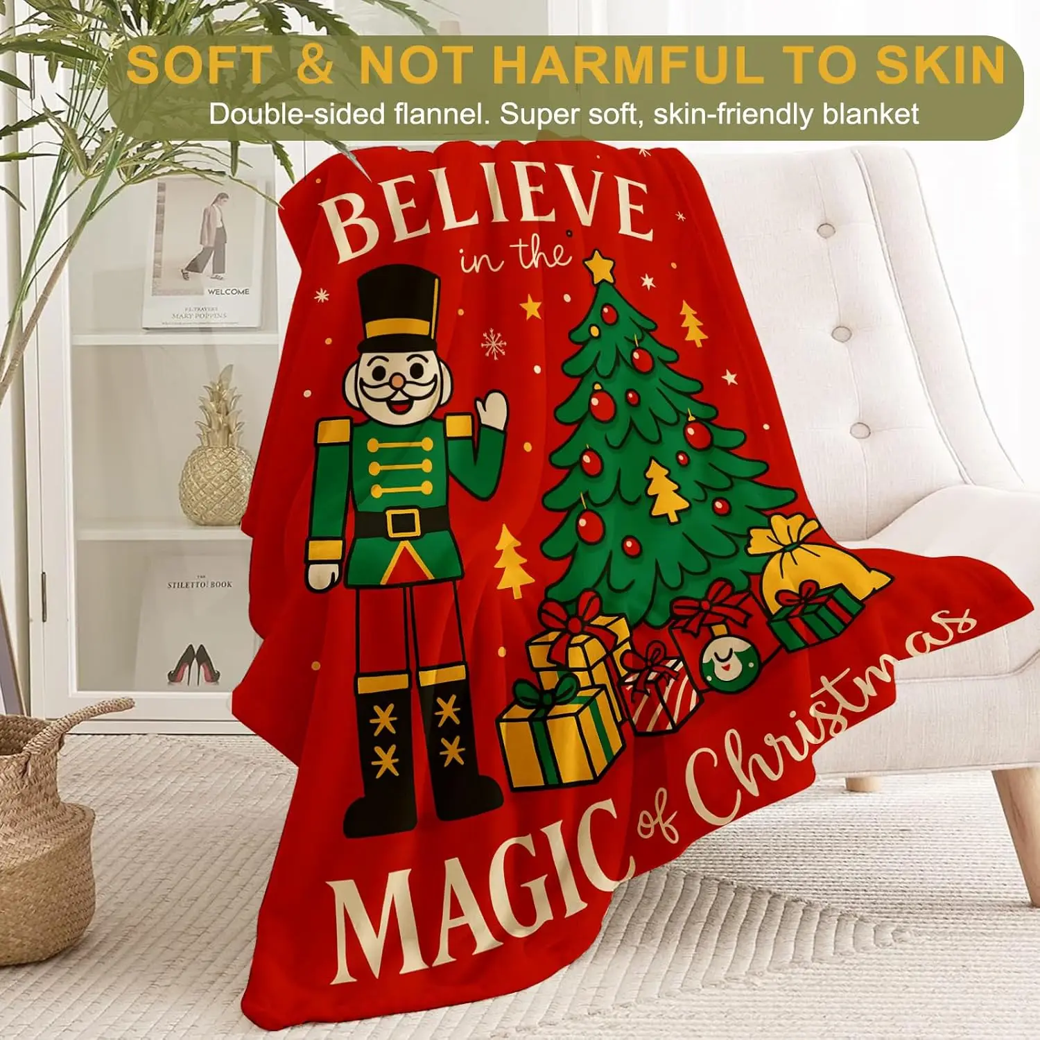 Nutcracker Christmas Decorative Throw Blanket, Tree Soldier Print Decoration, Soft Flannel Winter Blankets for Couch Bed Sofa