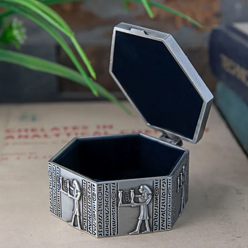 Small Size Hexagon Metal Case Jewelry Box Egypt Pattern Carved Keepsake Souvenir Gift Storage Box Bead Organizer Vintage Chest