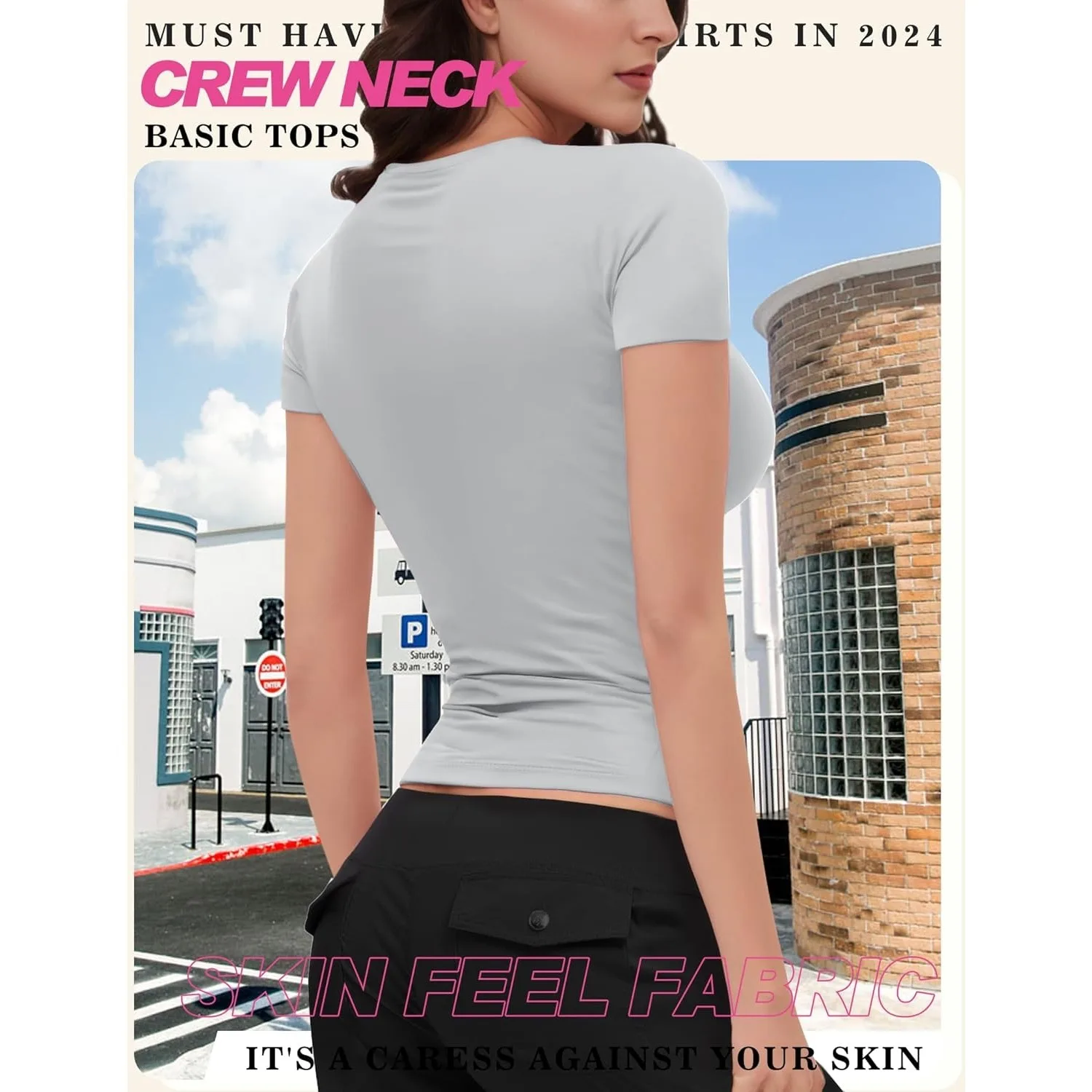 สตรี Basic แขนสั้นลูกเรือคอ T เสื้อ SLIM FIT Tees ฤดูร้อน 2025 Y2k Going OUT ติดตั้งน่ารักเสื้อแน่น