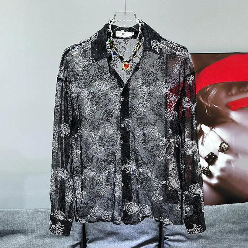 Mens Shirt Tulle Transparent Light Luxury Long Sleeve Fashion Hollow Perspective Ice Silk Breathable Casual Thin Top 2024 Summer