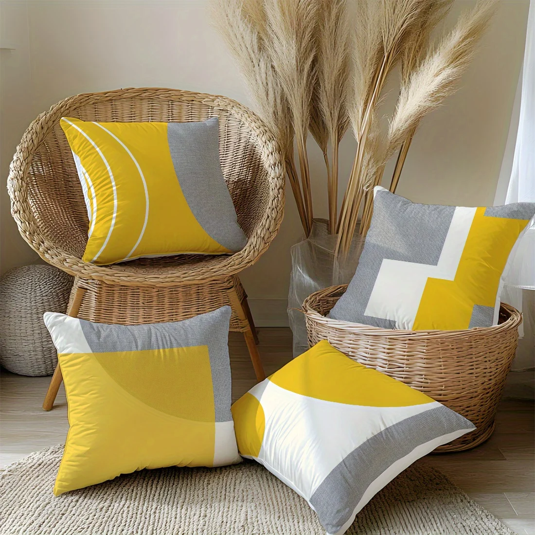 2D Flat - Juego  4 fundas  almohada mornas con patrón geométrico amarillo y gris, con impresión 2D Flat, no incluye rellen
