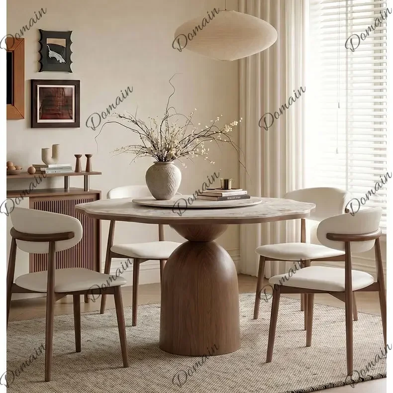 81 N Monet Garden Style Round Marble Dining Table with Lazy Susan, Scratch & Heat Resistant Walnut Color Tabletop for Home Kitch