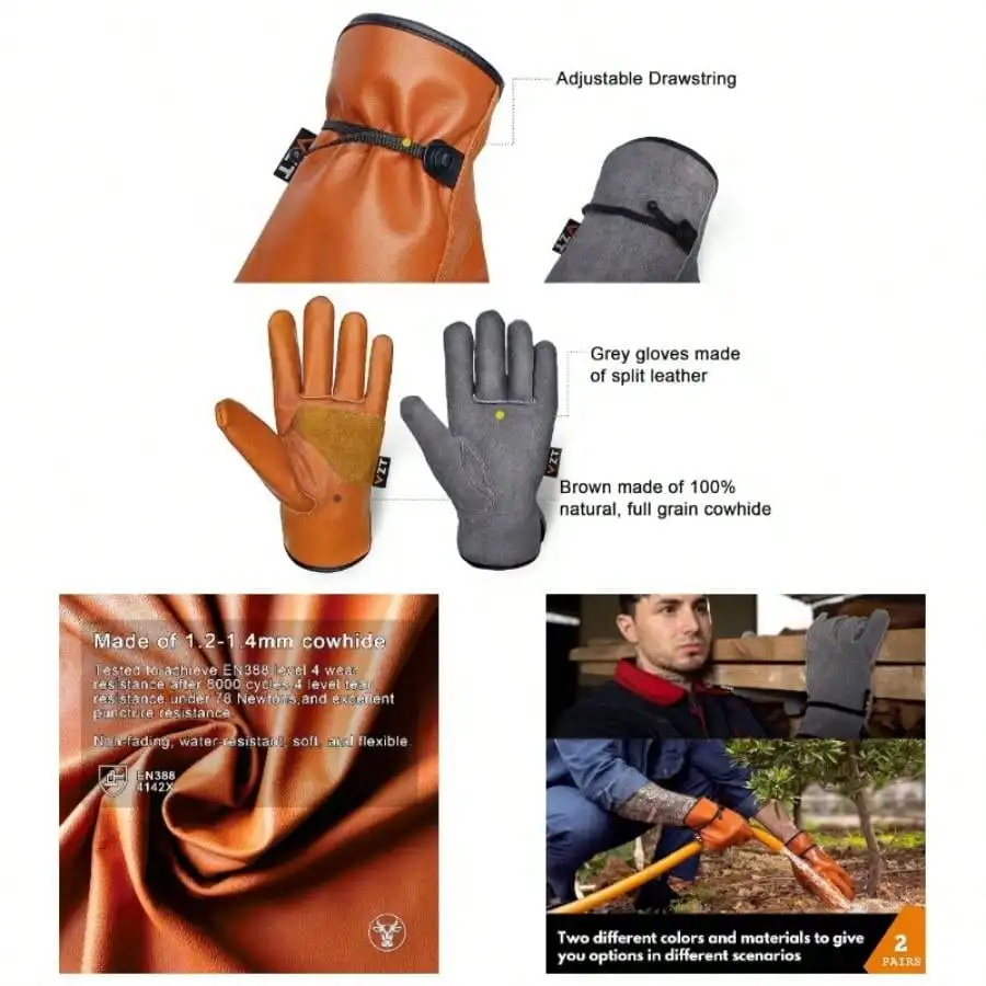 

2 Pairs Leather Work Gloves Men Or Women, Non - Fading Cowhide, GardeningConstruction, Welding, Yardwork, Driver