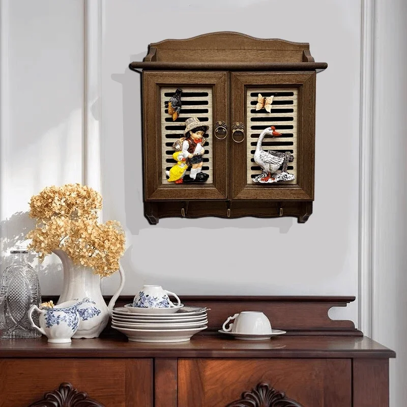 

European Wall-Mounted Key Cabinet - Rustic Wooden Mail Organizer with 12 Hooks, Open Design Entryway Storage Box