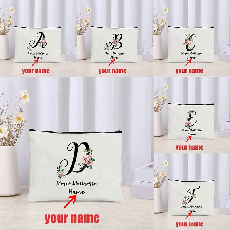 

Personalized with Name Cosmetic Case for Thank You Teacher Art Initial Letter Flowers Monogrammed Travel Makeup Bag for Women