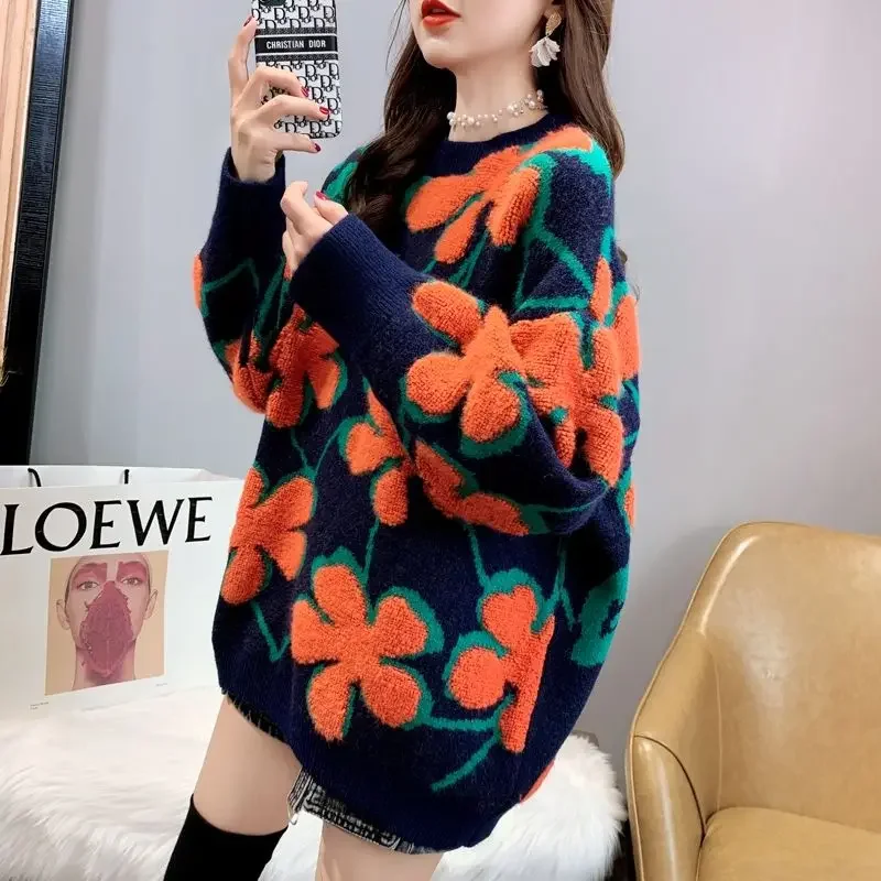 

Basic Knitted Sweater Women O Neck Printed Pullover 2022 Autumn Korean Loose Casual Long Sleeve Sweaters Female Tunic Top E283