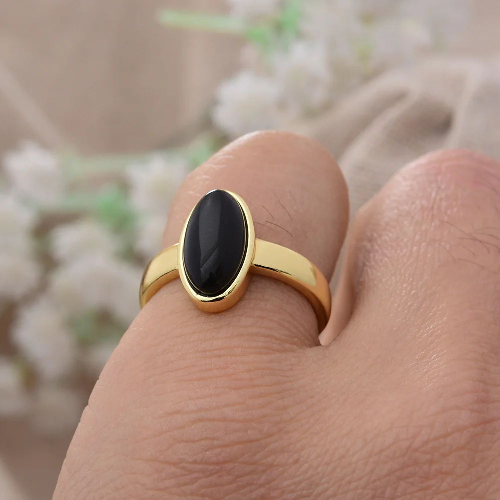 New Arrival Yellow Gold Color Fashion Black Rhinestone Oval Design Ladies Finger Rings Promotion Jewelry For Women Gifts