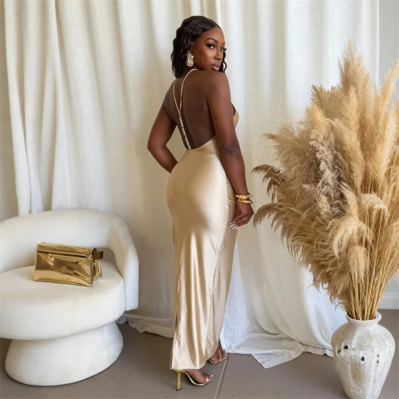 Doyerl elegante mode satijnen maxi-jurk voor dameskleding halter rugloze mouwloze nachtclub feest lange jurken verjaardag
