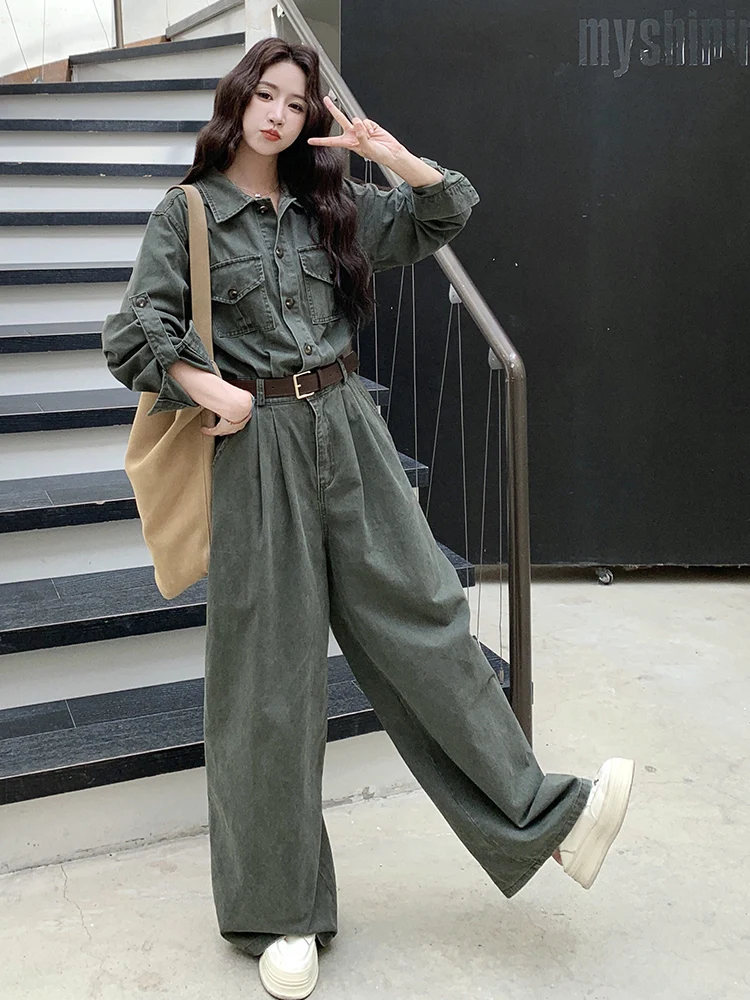 レトロなワークウェアジャンプスーツワイドレッグパンツセット レディース 春秋ファッショナブルなスリーブレスロングパンツ ハイウエストベルト