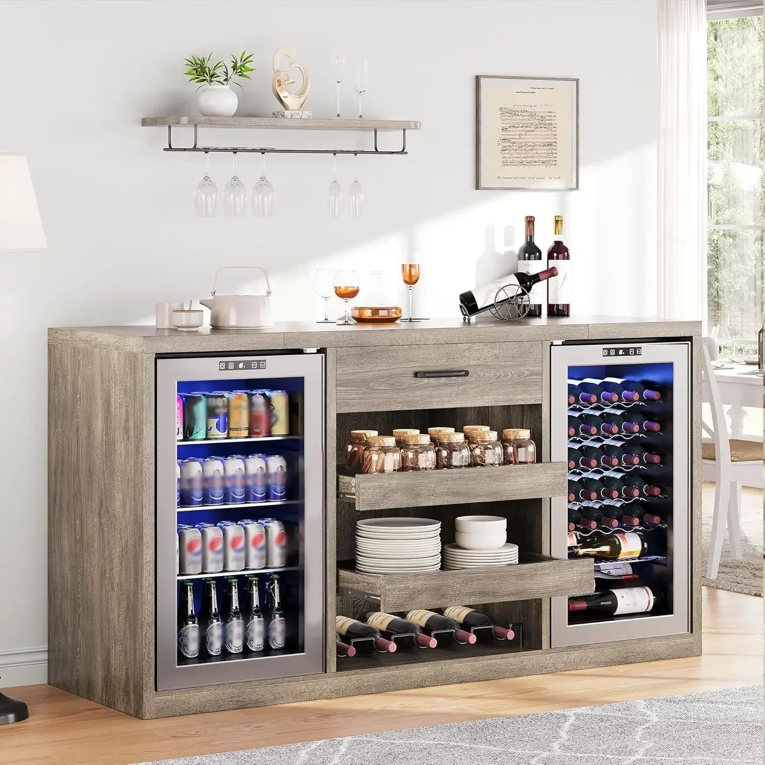 Large Coffee Bar Cabinet with Fridge Space, Mini Fridge Cabinet with Power Outlets and Glass Holder, Farmhouse Design Liquor Cab