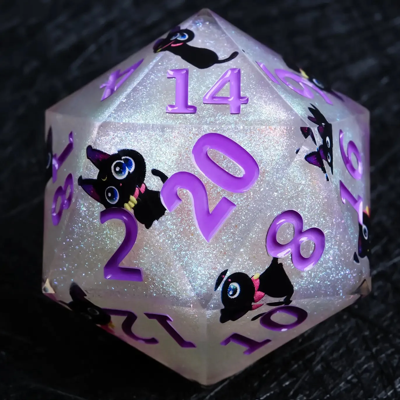 35mm D20 DND Dice Black Cat Purple Word Resin Dice Sharp Edge Handmade Polyhedral Cat Resin Dice for Multi-Sided RPG