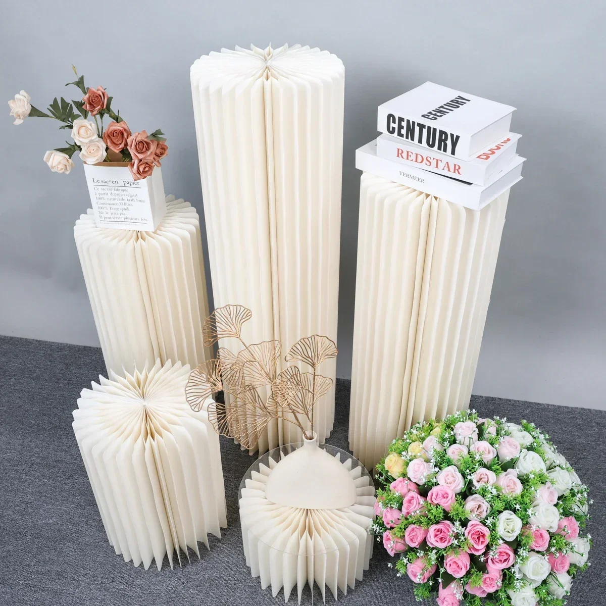 Cylinder Party Round Foldable Cylinder Pedestal Stand Plinth Pillars Dessert Table with Acrylic Birthday Wedding Bridal Parties