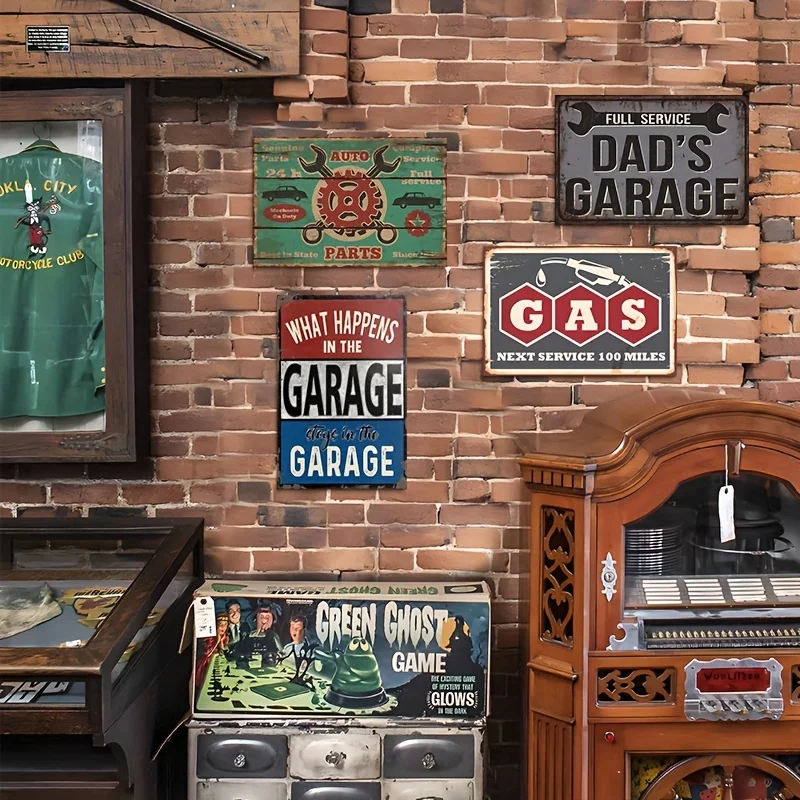 2D Flat- 4pcs Vintage Gas& Oil Metal Signs- Rustic Wall Art For Garage, Bar, Station, 20.32x30.48 Cm,, Garage Wall Decor