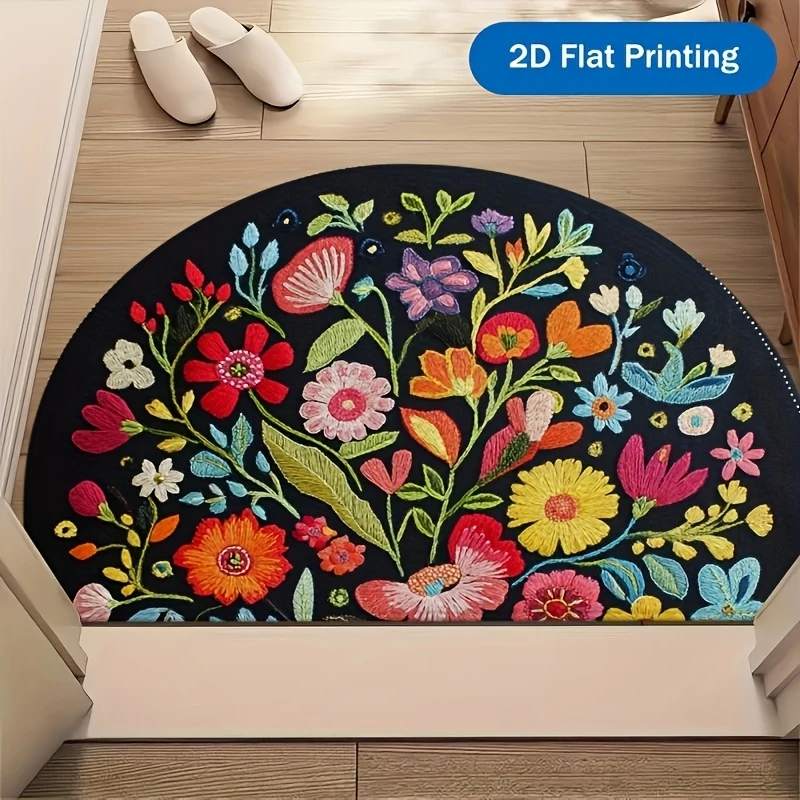 VIKAMA Mexican Floral Semi-Circular Welcome Door Mat Washable Non-Slip Indoor and Outdoor Entrance Rug Kitchen Mat Home Decor