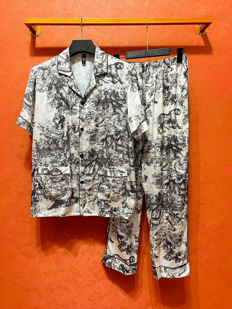 S-5XL Men's Short sleeved Pants Set Fashion Gold Cuban Collar, High quality Luxury Short sleeved Summer Clothing