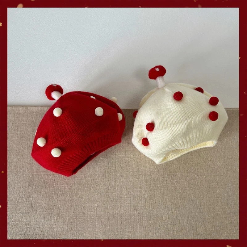 

Cute Mushroom Beret Baby Knit Wool Beanie Children's Winter Warm Beanie 6-30 Months Boys' & Girls' Stretch Wool Beanie