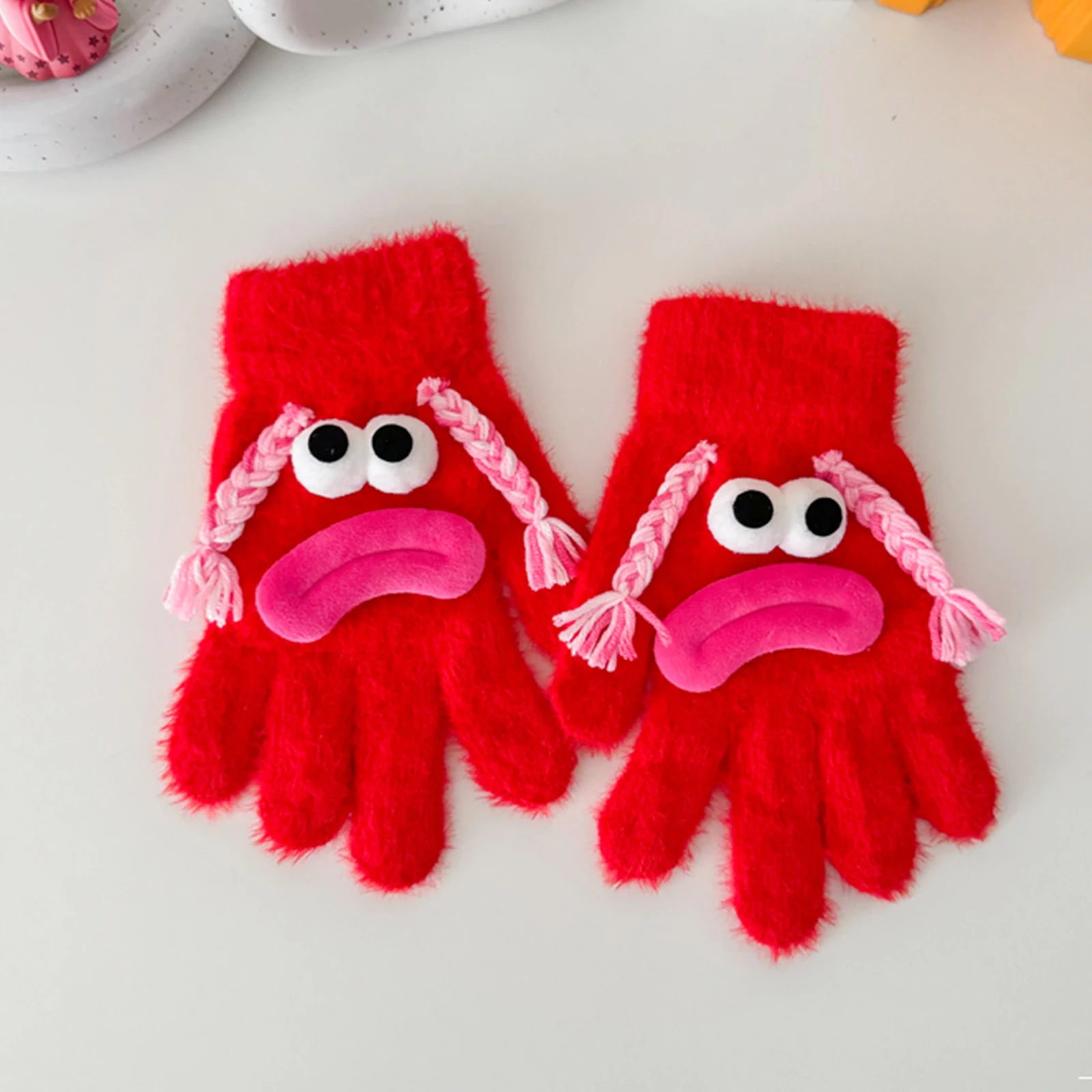 السيدات جديد الشتاء سبليت قفازات الاصبع مع لطيف ومضحك السجق الفم الفتيات قفازات دراجة دافئة الحفاظ على قفازات فروي الدفء #3