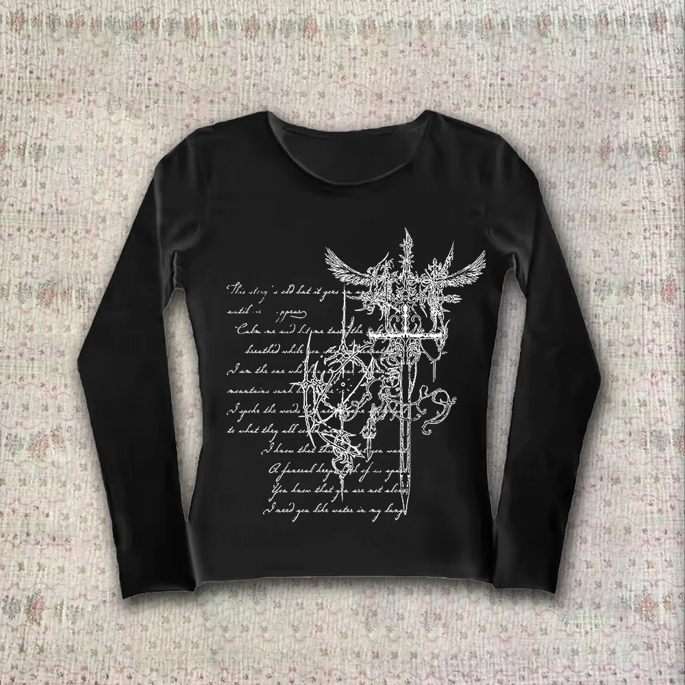 Female electronic girl 2K millennium retro fairy punk goth long sleeved letter printed T-shirt top retro emotional streetwear