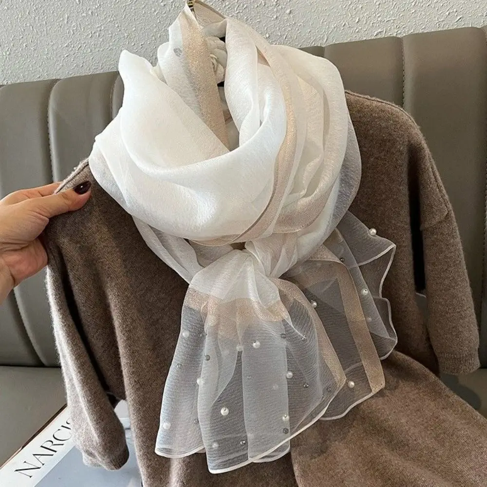 

Elegant Pearls Silk Scarf Shawls Sunscreen Transparent Mesh Neck Scarves Neckerchief Korean Style Dress Decor