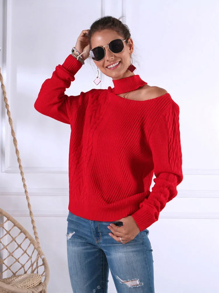 Autumn Winter Women\'s Hanging Neck Strapless Sweater New Hollow Open Shoulder Pullover Tops Orange Sweater GD197