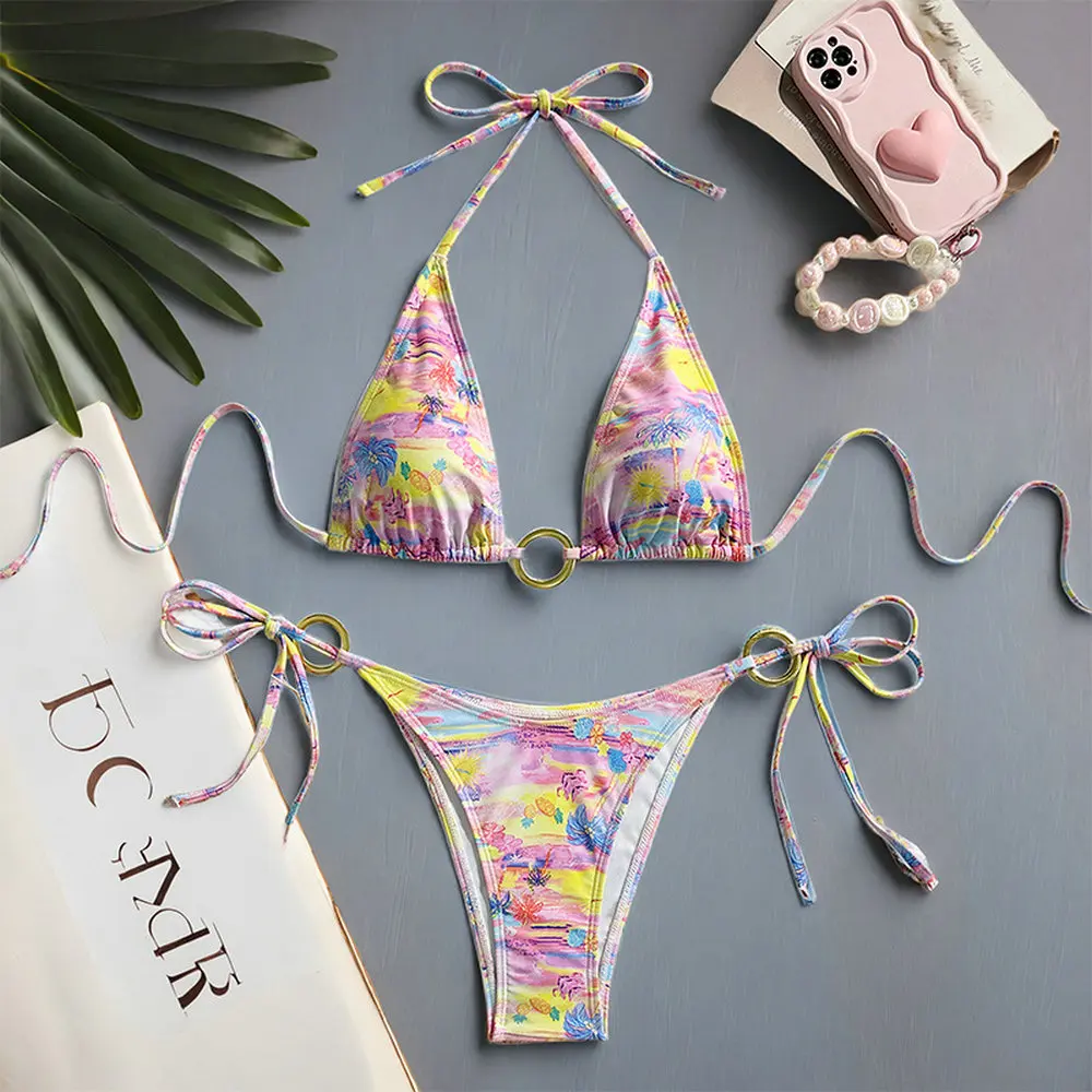 

Сексуальный женский комплект бикини с принтом, без бретелек, купальник через плечо, новый стиль, женский купальник