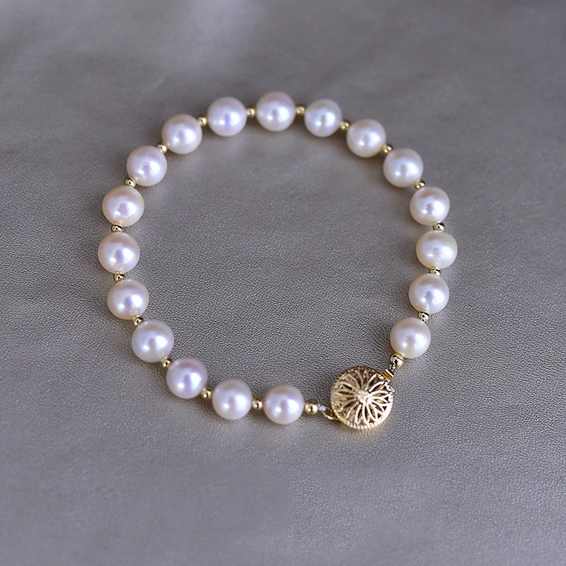 

Delicate Stunning AAA+ 8-9mm Natural Akoya White Handmade Round Real Pearl Bracelet Filled With 14k Gold At Party Nice Look