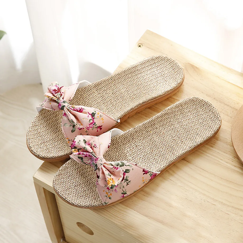 Women Female  Bowknot Flax Linen Flip Flops Beach Shoes Sandals Slipper Chaussure Femme Sapatos Femininos Zapatos Mujer SandáLia