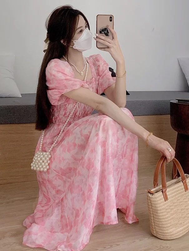 

French Puff Sleeve Floral Dress for Summer New Style Waist-hugging and Slim High Waist Mid-length Skirt