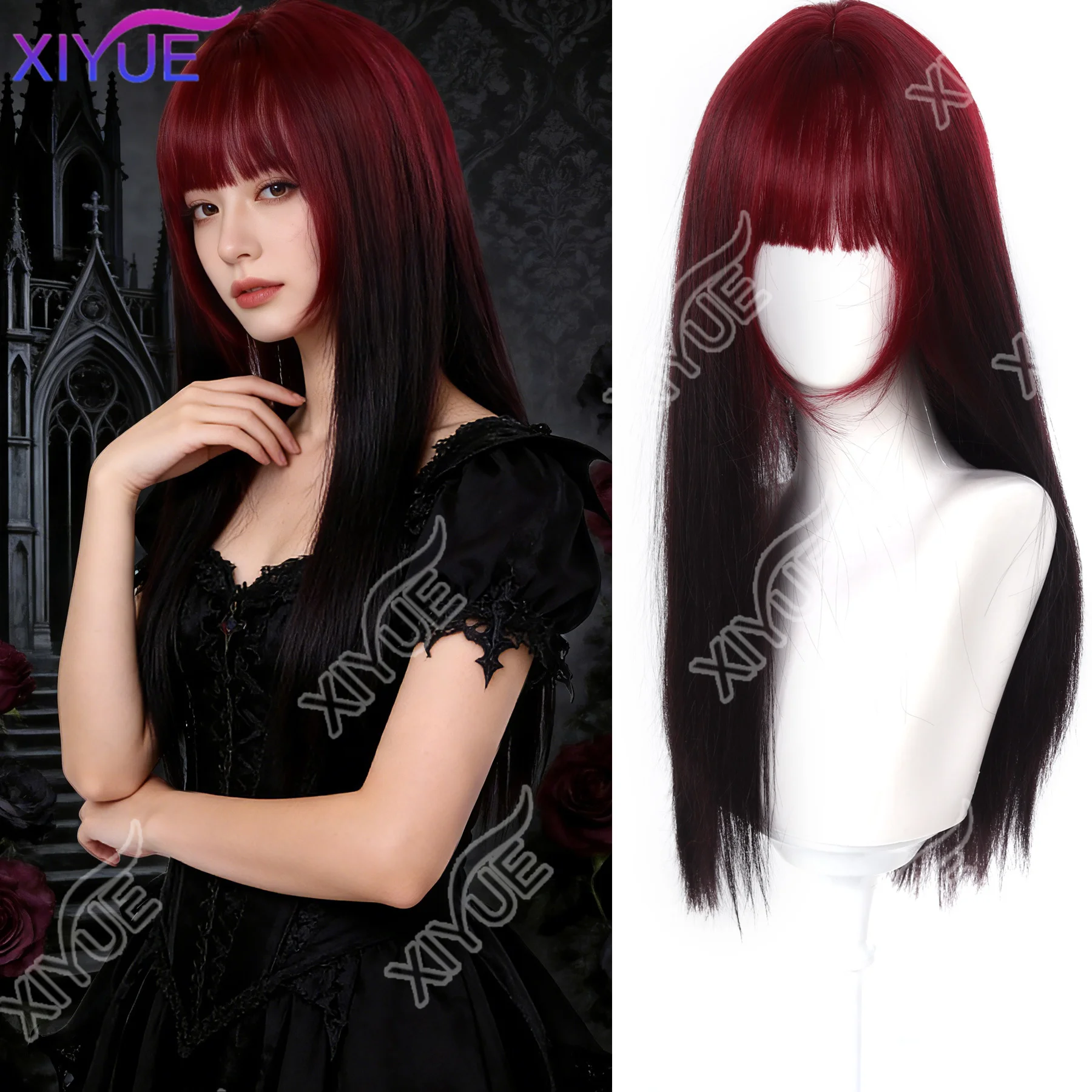 

XIYUE Черный винно-красный длинный волнистый синтетический парик Высокотемпературный натуральный парик с челкой Красочные вечерние волосы для косплея для чернокожих женщин