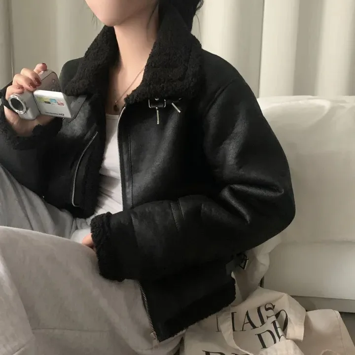 슬리 레트로 스웨이드 모터사이클 재킷 여성용 패셔너블 루즈 코튼 탑 가죽 퍼 인티메이티드 트렌디 한국 버전