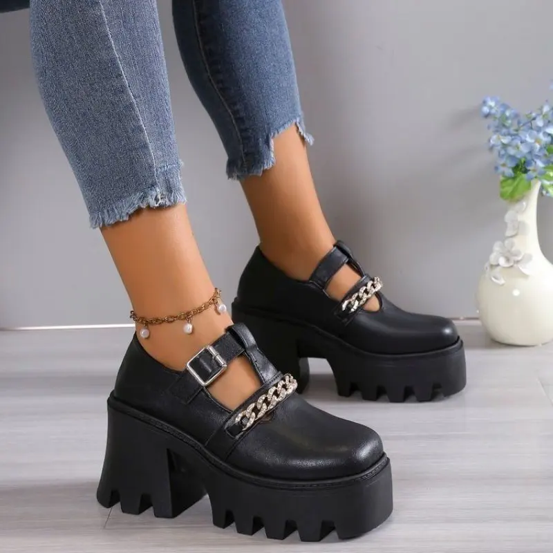 

fall shoes for women Platform Shoes square heels Casual Shoes high heels 2024 summer heels shoes Platform pumps English Style 43