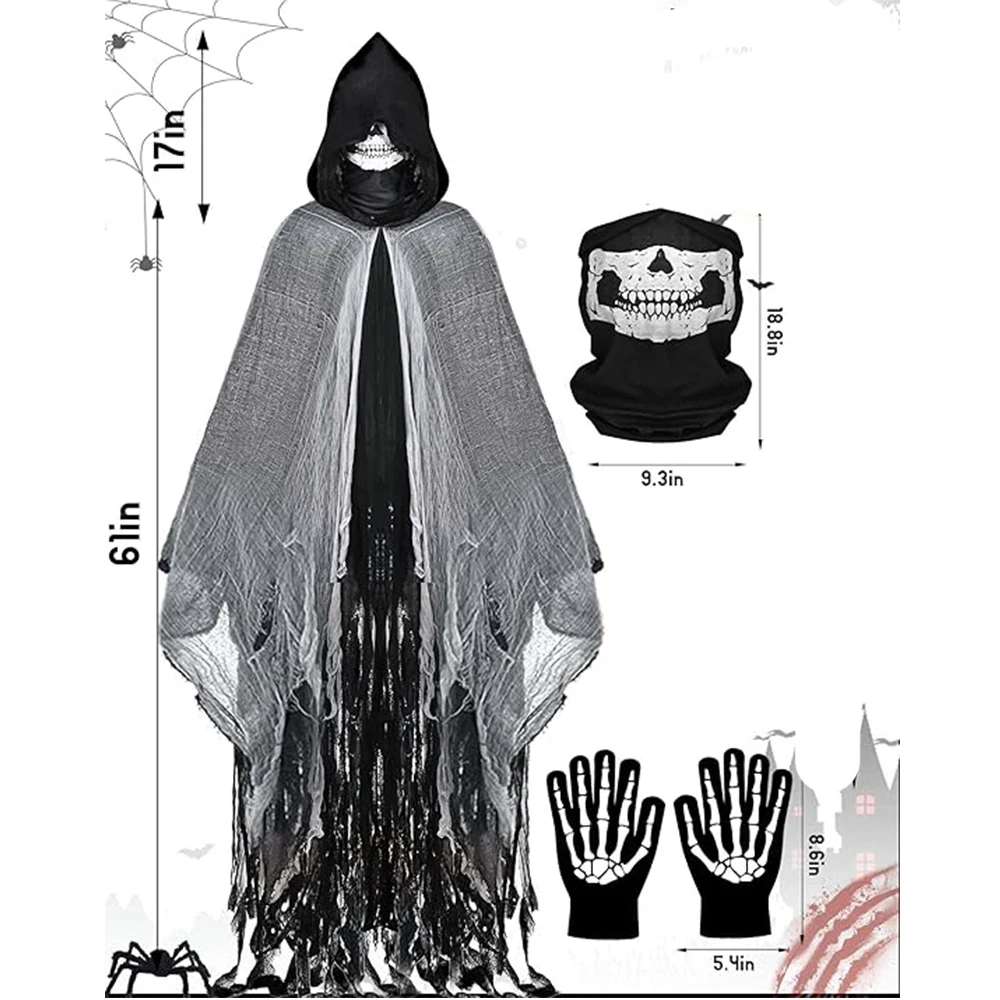 Adult Witch Halloween Cloak Skull Mask Costumes Vampire Hooded Cosplay Costume Scary Grim Reaper Dress Up Prank Horror Costume