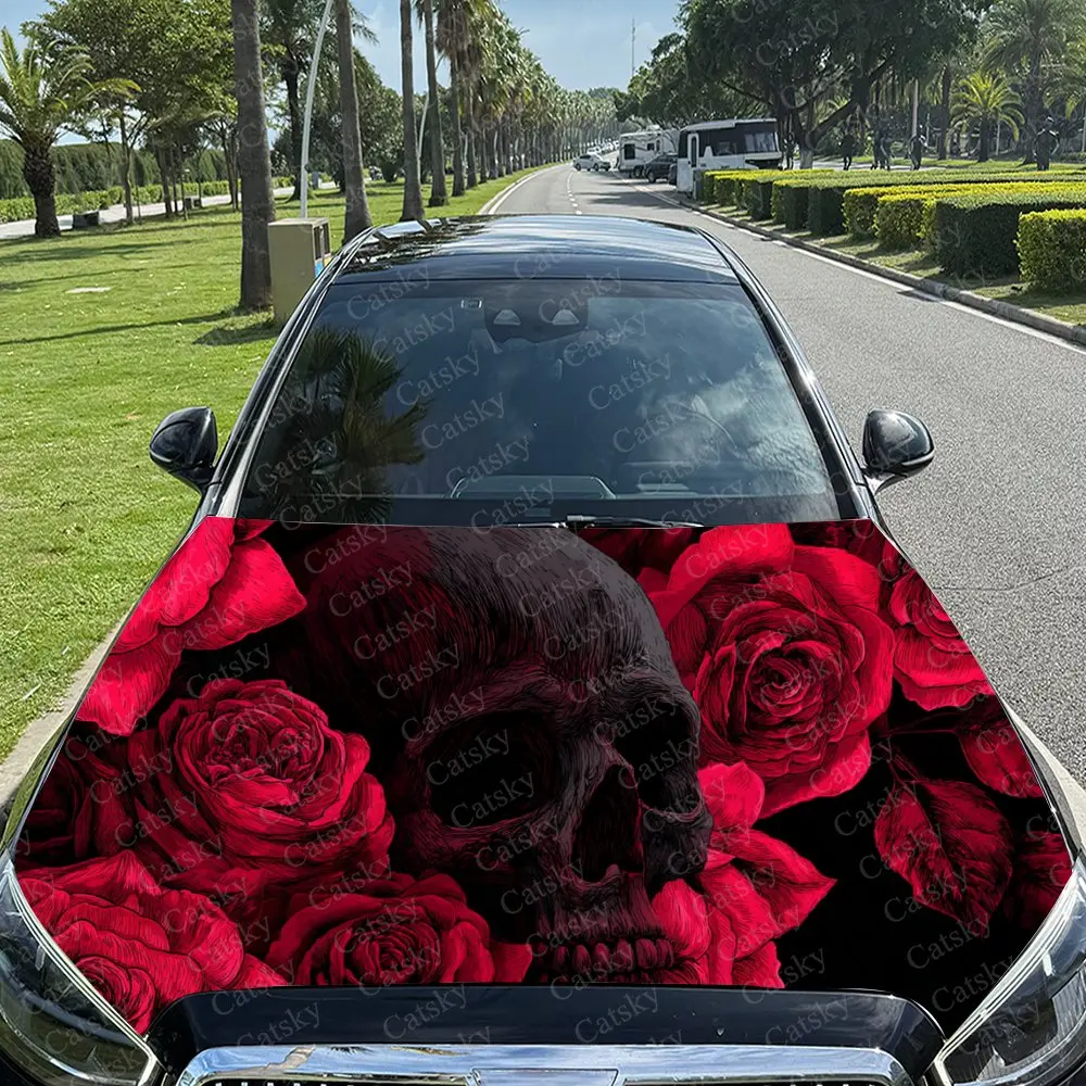 Car Decal Red Rose-Enveloped Skull with Artistic Element in Dark Gothic Design, Creating a Bold and Dramatic Visual Car Hood Sti