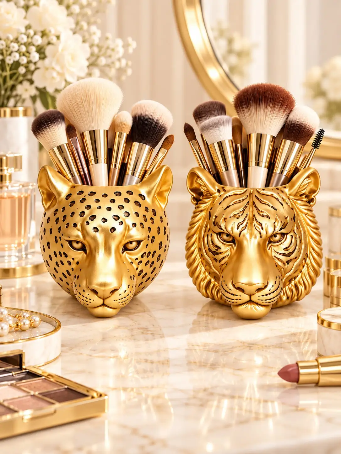 1pc Gold Leopard Or Tiger Head Makeup Brush Holder, Luxury Resin Animal Organizer Cup, Glam Vanity Storage For Cosmetic Brushes, Combs, Eyebrow Pencils, Bathroom Countertop, Dressing Table, Bedroom Decor, Modern Home Decor, Unique Gift For Women