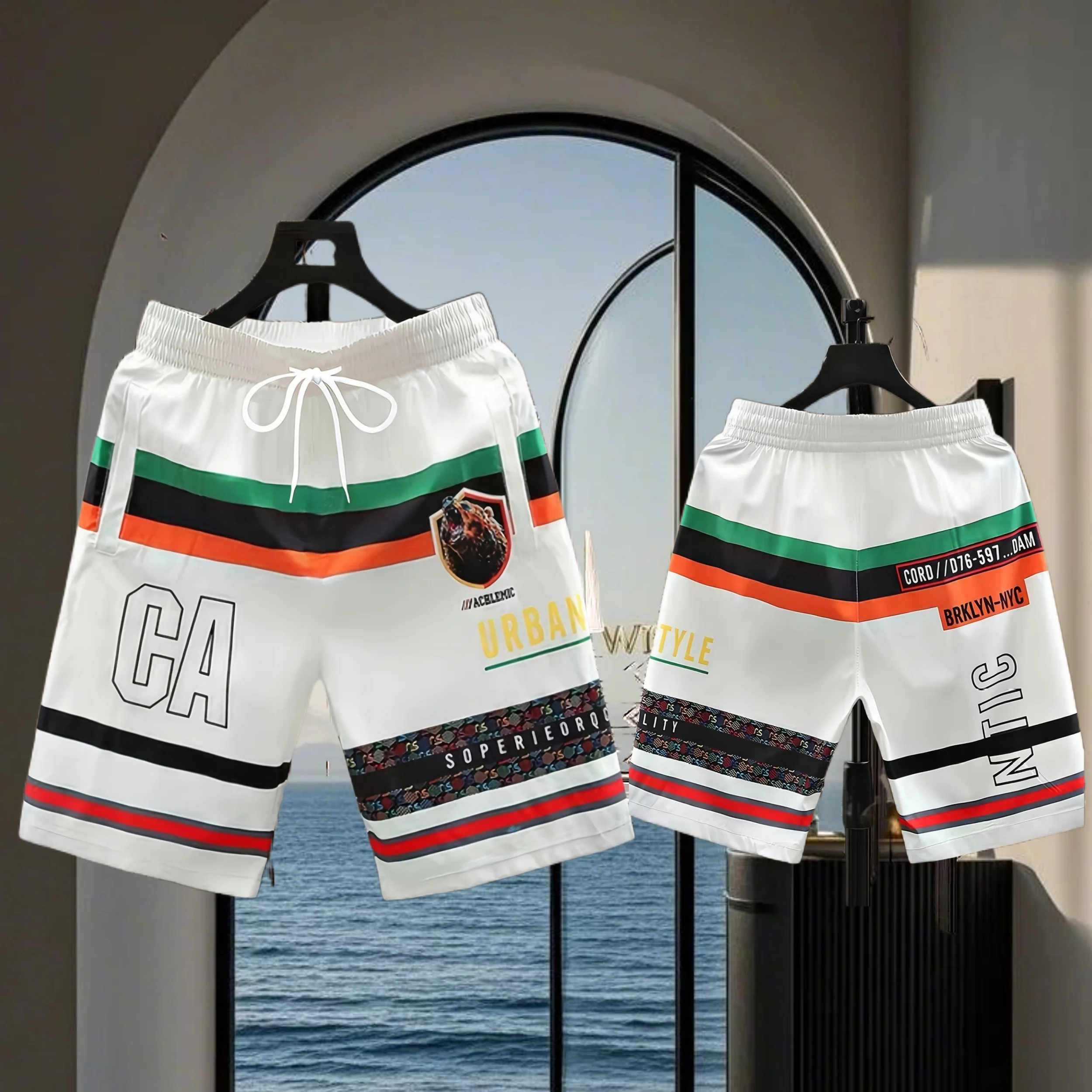 Męskie szorty na lato z wzorem misia, nadrukiem liter, w paski, szybkoschnące, wygodne, codzienne szorty ze sznurkiem do fitnessu i na plażę.