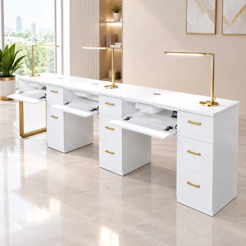 Modern White Gold Three-Station LED Nail Table With Dust Collector And Storage Drawers For Beauty Salon