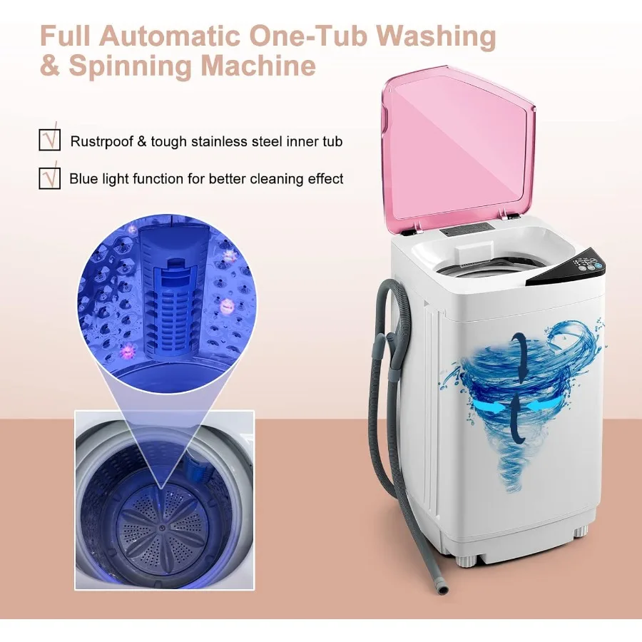 COSTWAY Portable Washing Machine 7.7lbs Capacity Compact Laundry Washer and Spin Combo with 6 Programs Built-in Barrel Light Fu